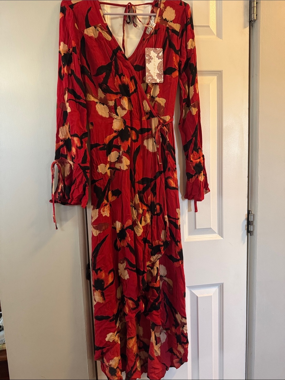 Red Floral Wrap Maxi Dress with Tie Waist